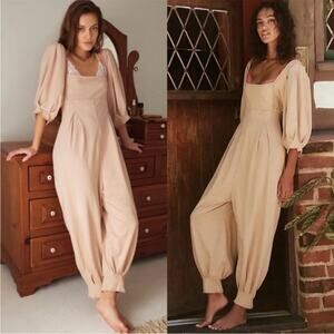 Beige Puff-Sleeve Jumpsuit - Women's Relaxed Fit